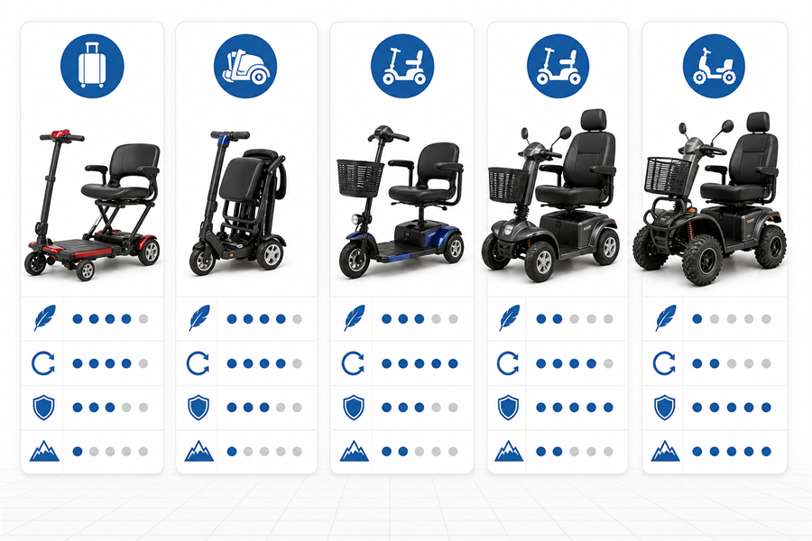 Five types of mobility scooters lined up for comparison