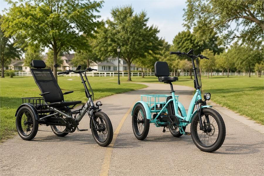 Semi-recumbent and upright electric trikes compared on a U.S. suburban path