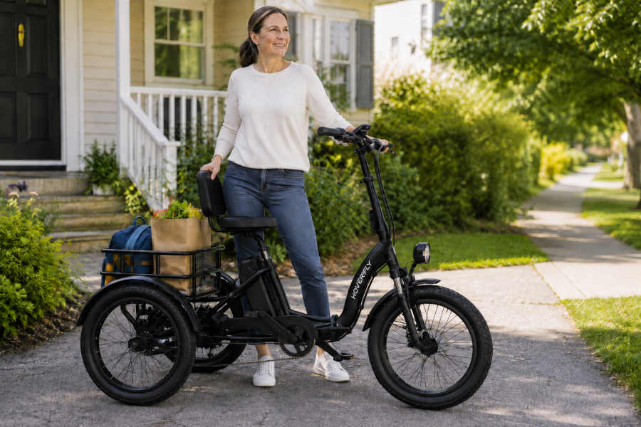Hoverfly electric trike with cargo basket parked on suburban path, showing stable low step-through design for daily errands