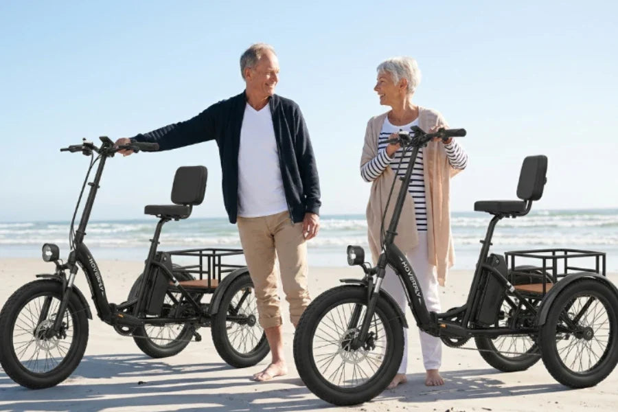 Person riding an electric tricycle on a sandy beach near the waterline
