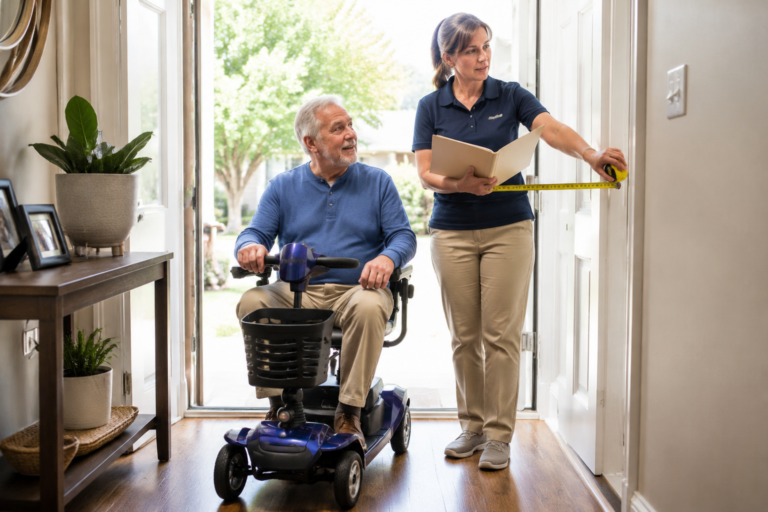 Senior adult and caregiver prepare home mobility scooter documentation for Medicare coverage. 