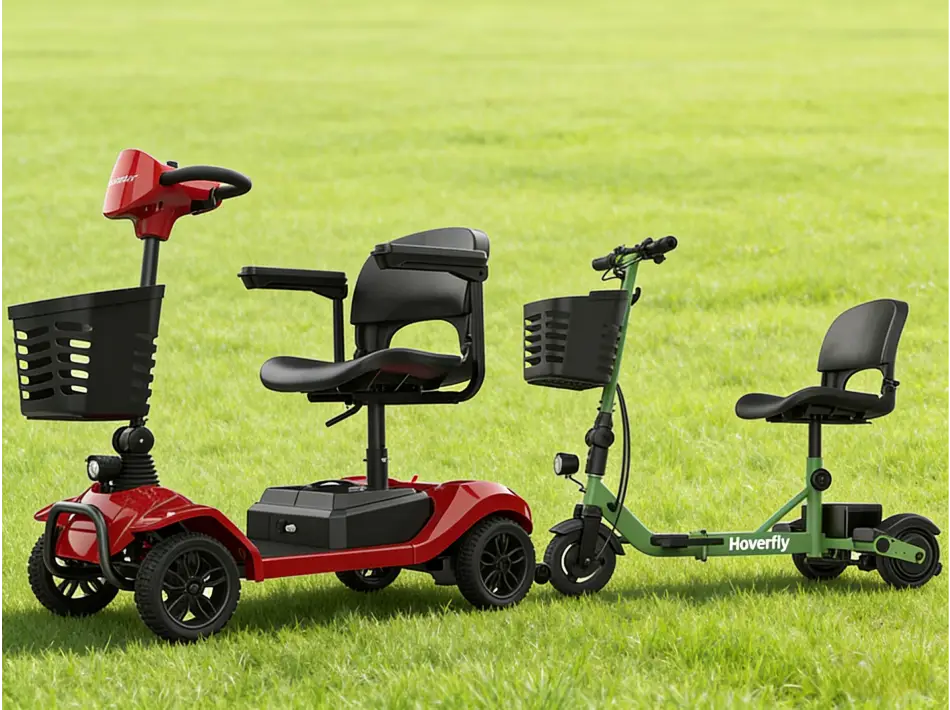 Red and green mobility scooters with seats and front baskets, displayed side by side on grass.