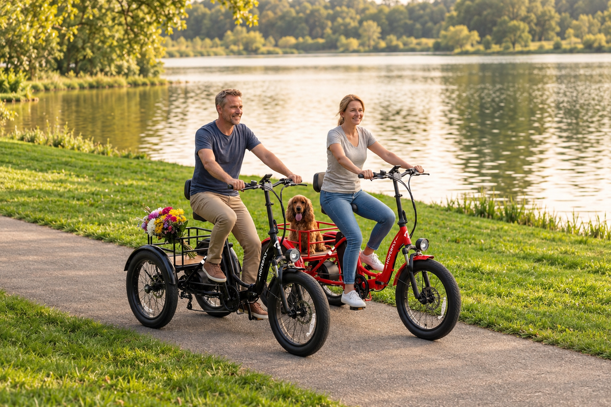 A man and woman ride Hoverfly ET1 folding electric trikes beside a lake with their dog.
