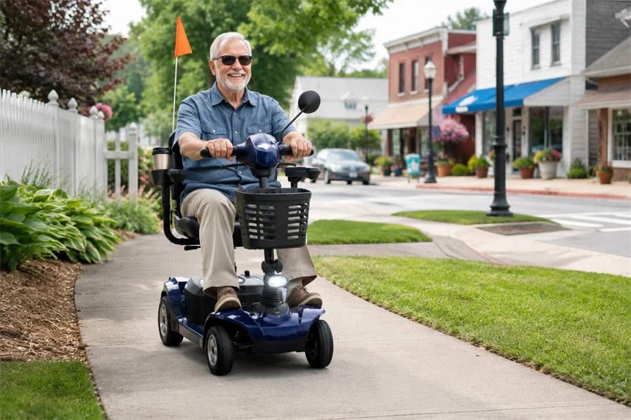 Handicap mobility scooter equipped with everyday accessories for daily life