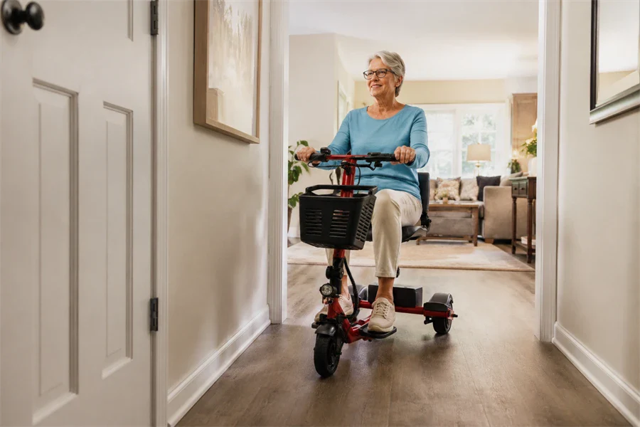 3-wheel mobility scooter making a tight turn in a narrow indoor hallway