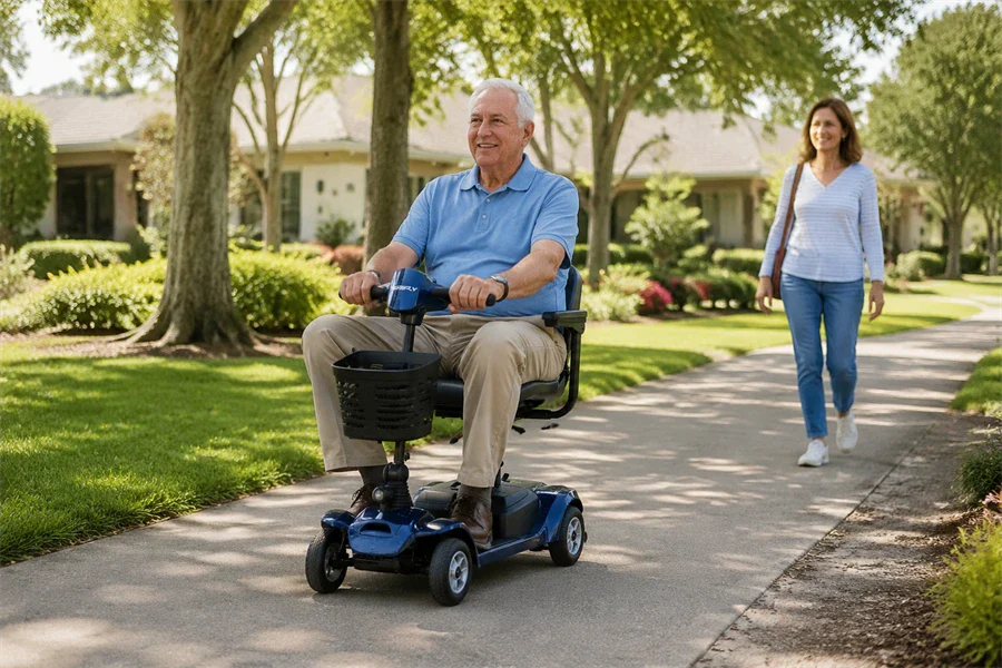 Senior man riding a blue four-wheel mobility scooter on a neighborhood path while a woman walks beside him