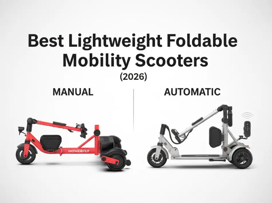 Best lightweight foldable mobility scooters comparison for 2026, showing a red manual foldable scooter on the left and a silver automatic foldable scooter on the right.
