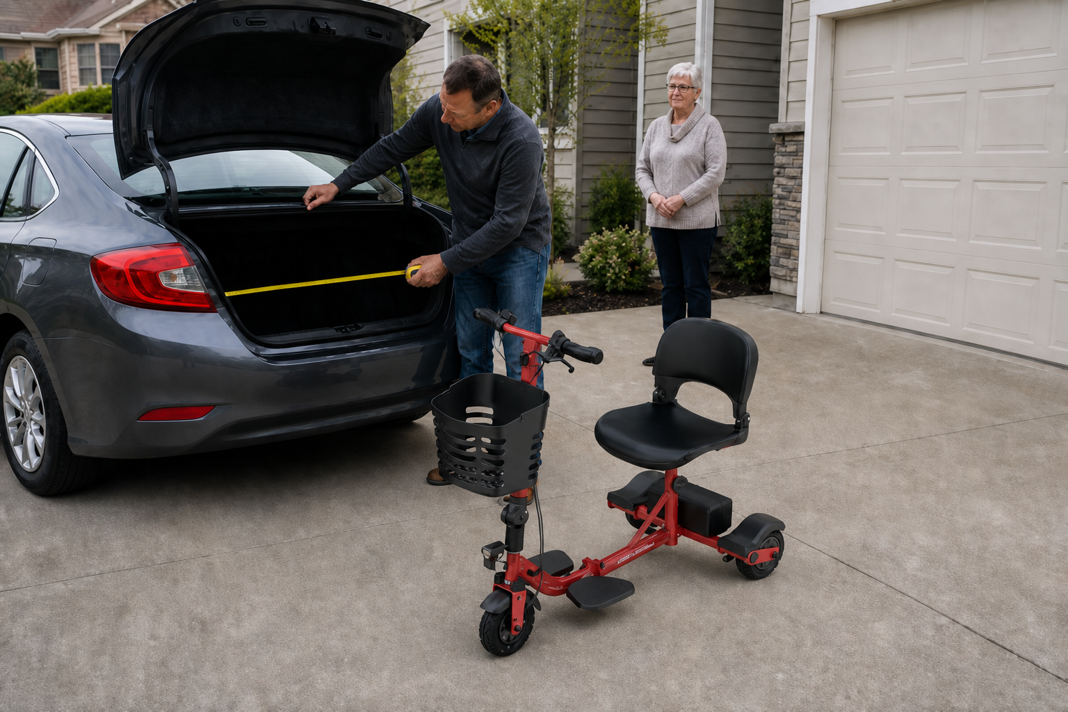 Hoverfly T3 beside an open car trunk for mobility scooter transport planning