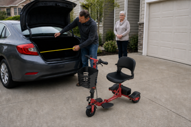 Hoverfly T3 beside an open car trunk for mobility scooter transport planning