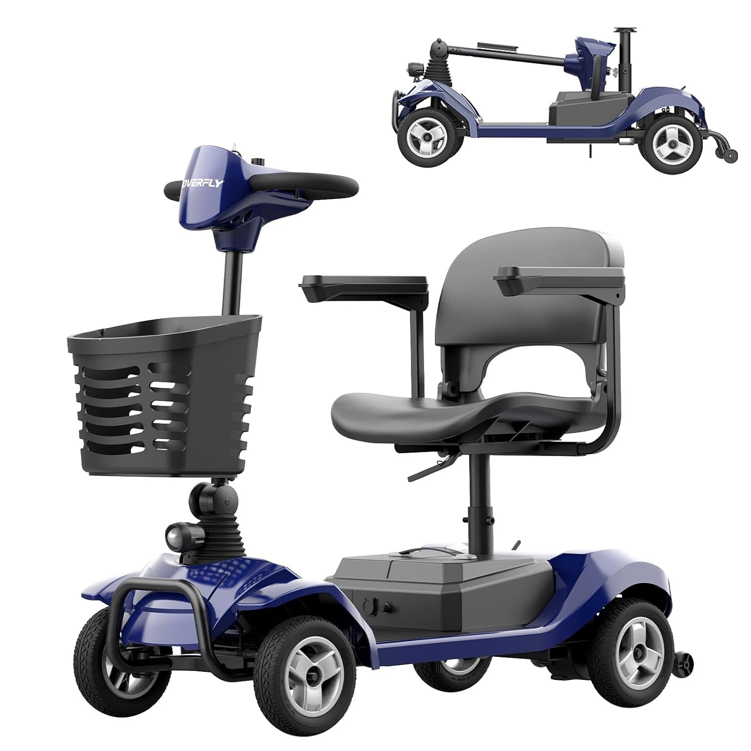 Blue mobility scooter with front basket and seat angle view.
