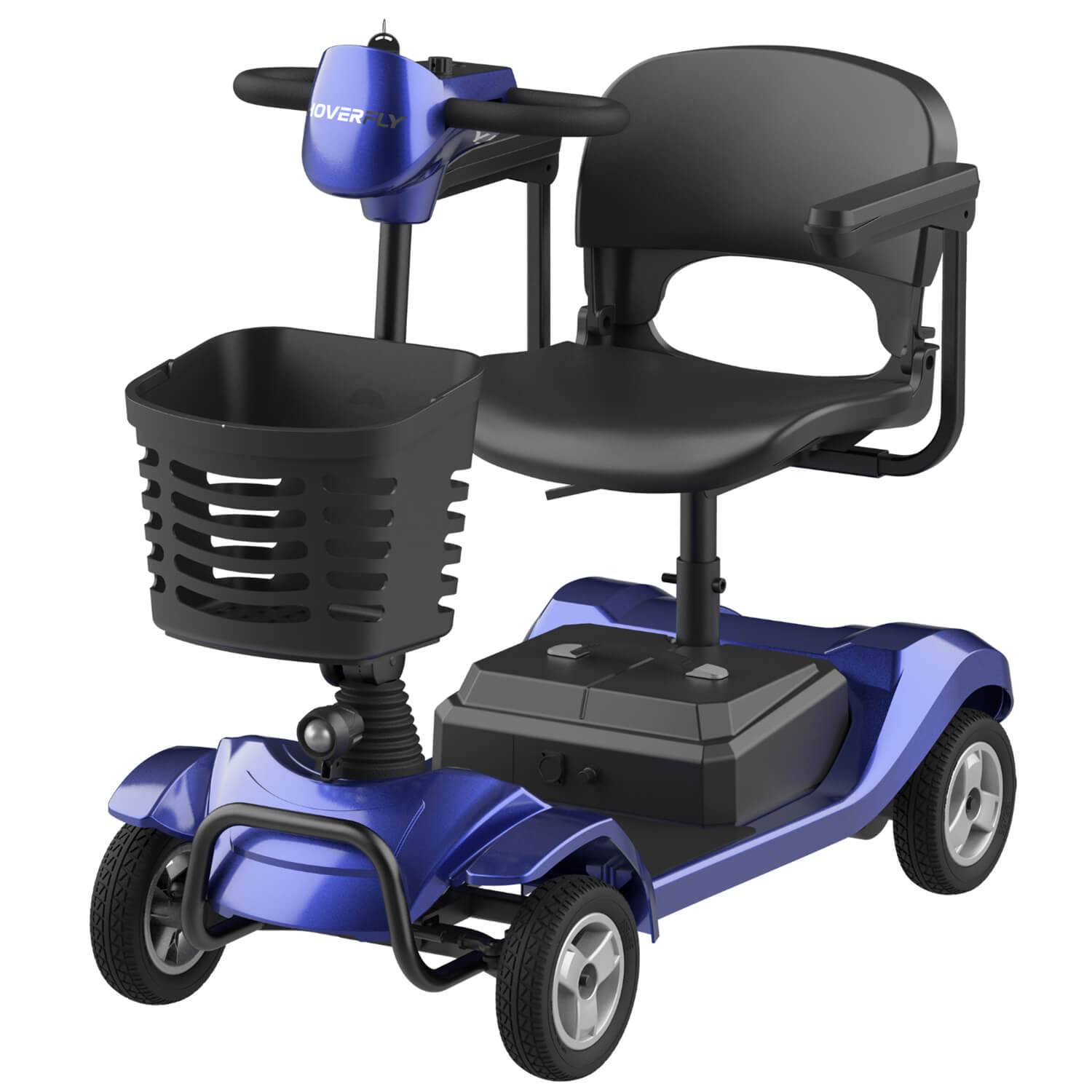 Blue mobility scooter with a basket on a white background