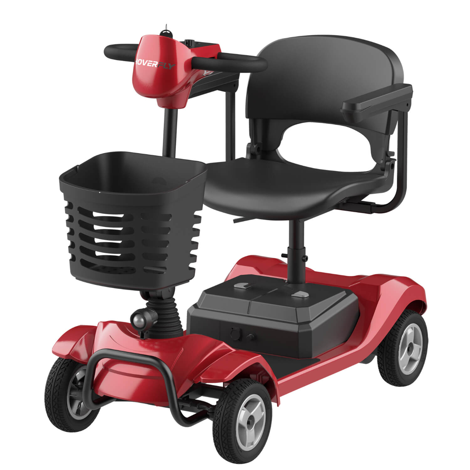 Red and black mobility scooter with a basket on a white background