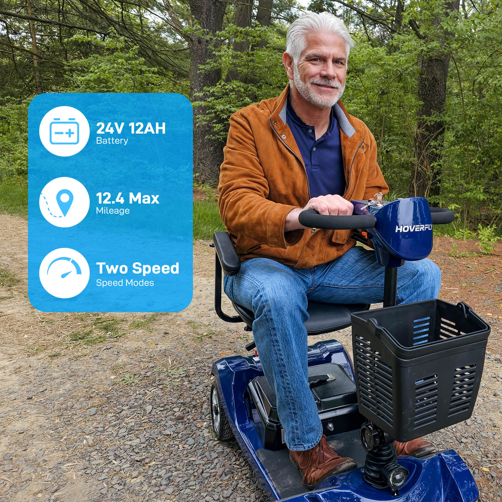 Man sitting on a blue mobility scooter with specifications displayed on a green outdoor background