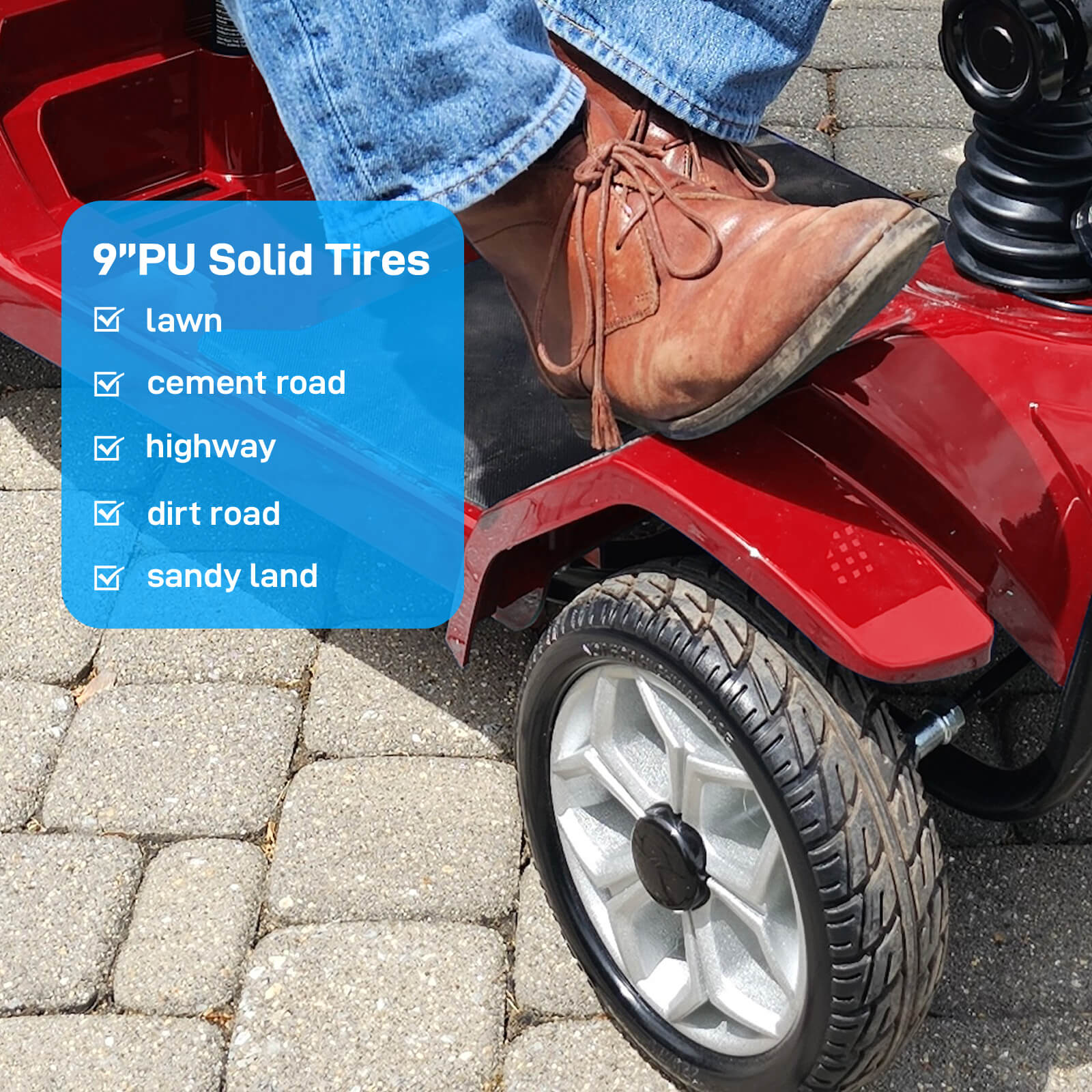 Red mobility scooter with 9” PU solid tires on a paved surface, showing tire compatibility on different terrains.