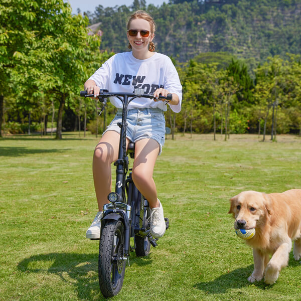 riding a foldable ebike on the grass