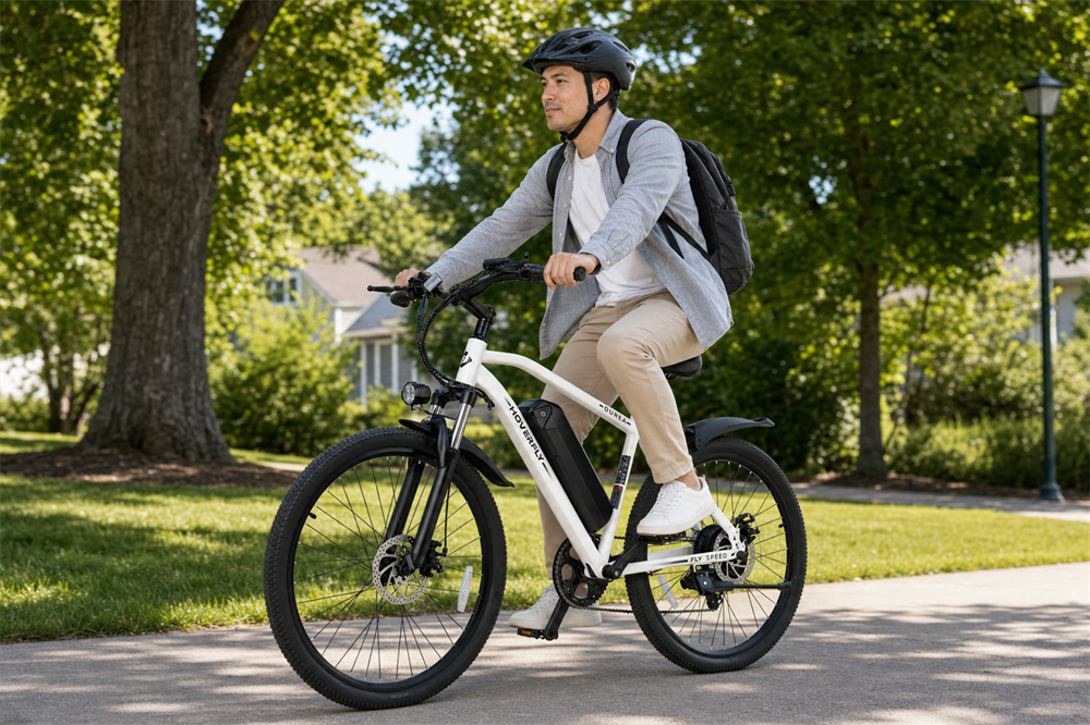 Adult rider on a Hoverfly e-bike checking battery voltage before a commute.