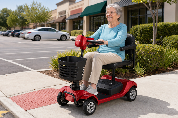 Folded Hoverfly mobility scooter being measured beside an open SUV trunk
