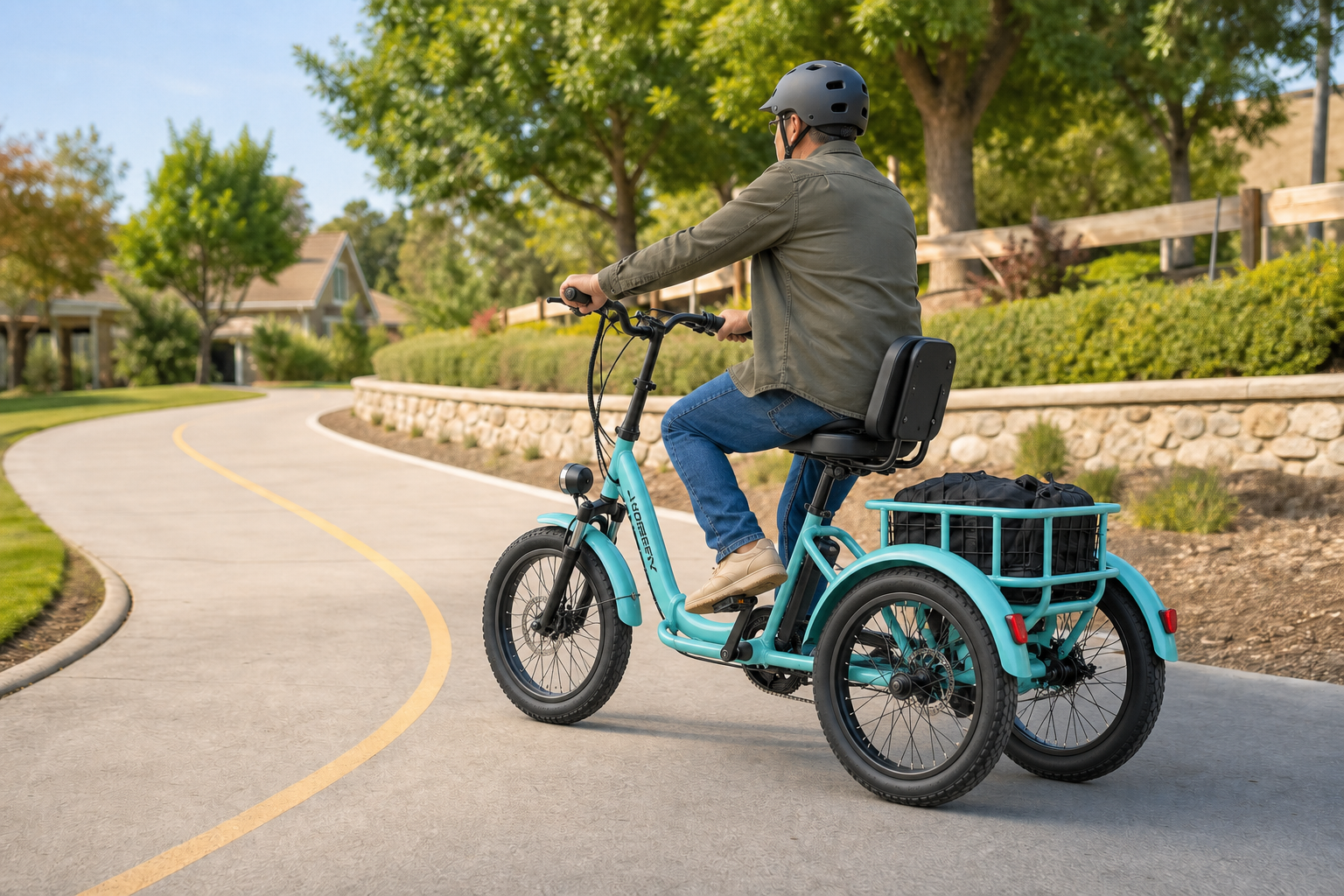 ET1 electric tricycle cornering steadily on a suburban path