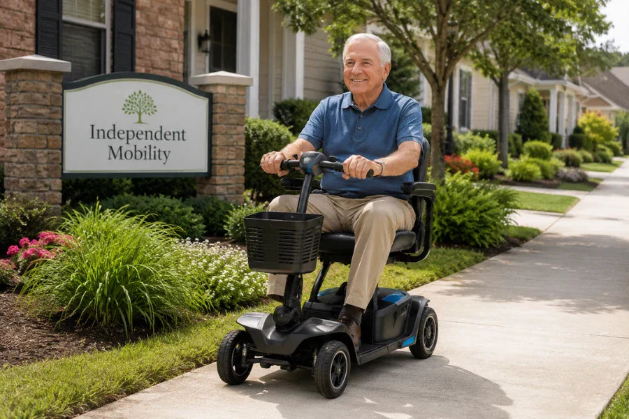 Senior living alone confidently using a mobility aid for safe daily independence