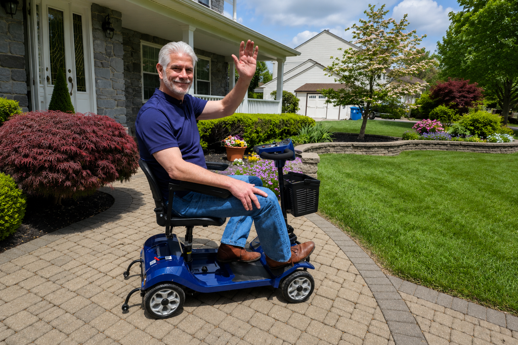 All-terrain mobility scooter on gravel park path