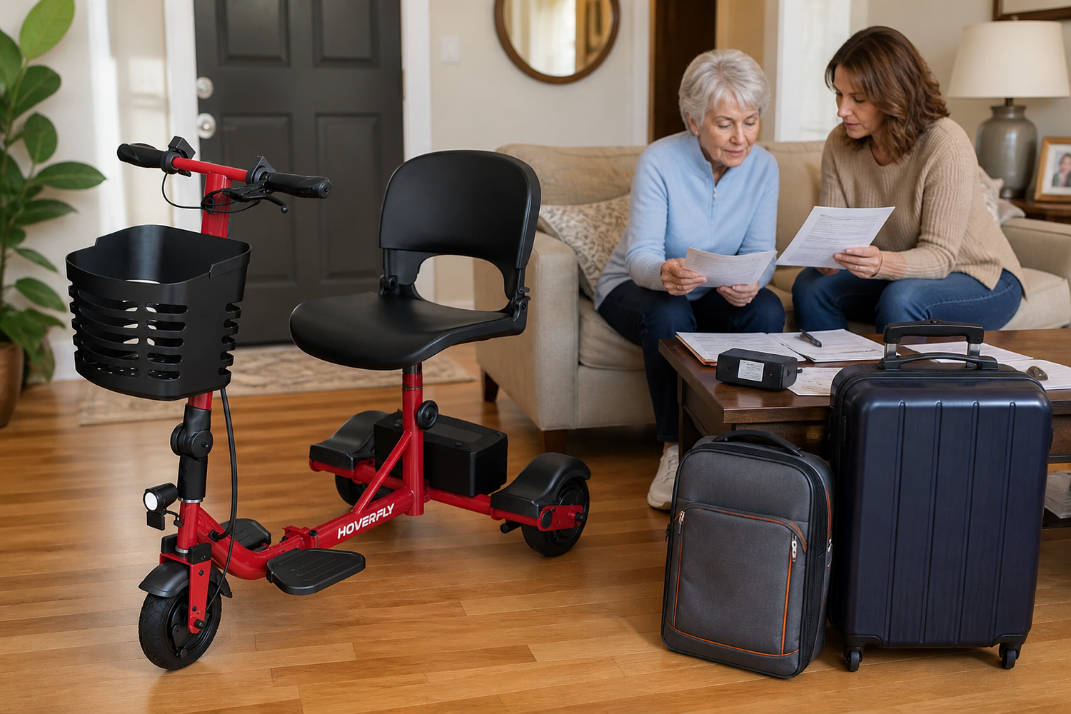 Hoverfly T3 mobility scooter with travel documents prepared for airline review