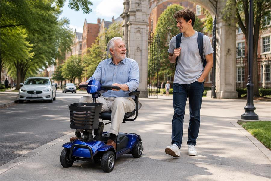 Senior using a Hoverfly T4 scooter for an eco-friendly college drop-off near a campus entrance.