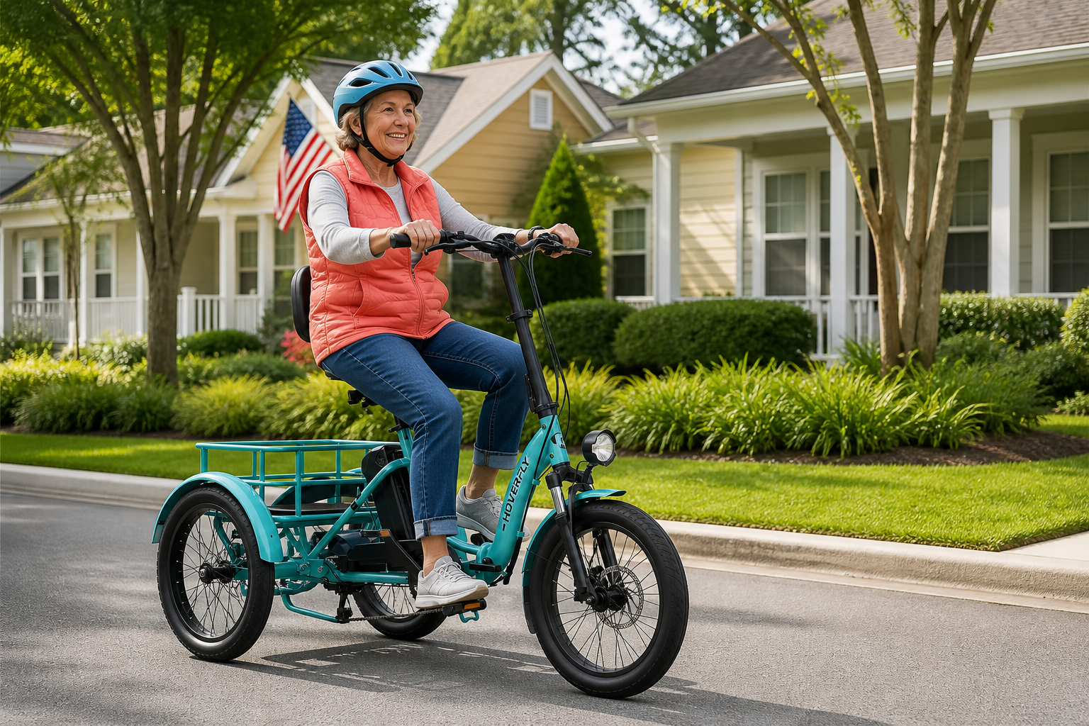 Senior rider on a Hoverfly ET1 electric trike riding steadily through a quiet neighborhood