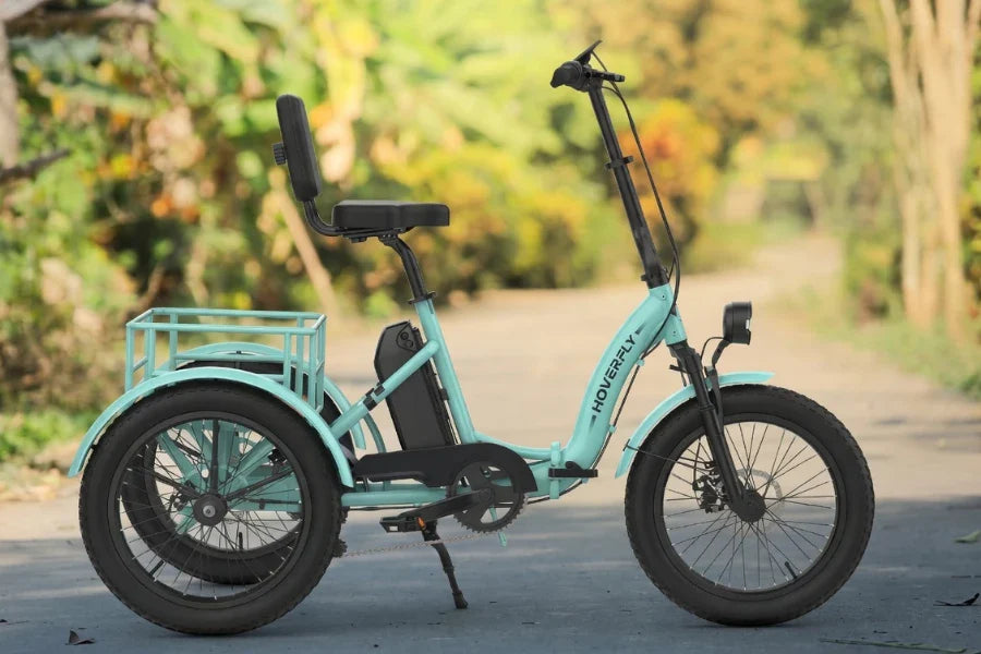 electric three-wheel trike with low step-through frame and rear stability