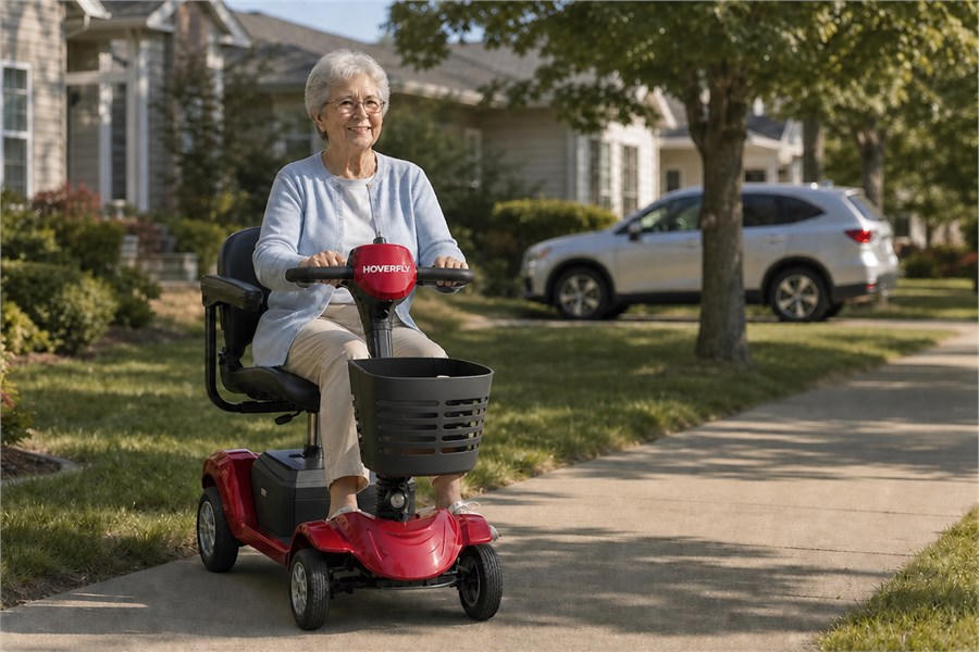 Senior woman riding a red Hoverfly four-wheel mobility scooter on a suburban sidewalk with a grocery bag in the front basket