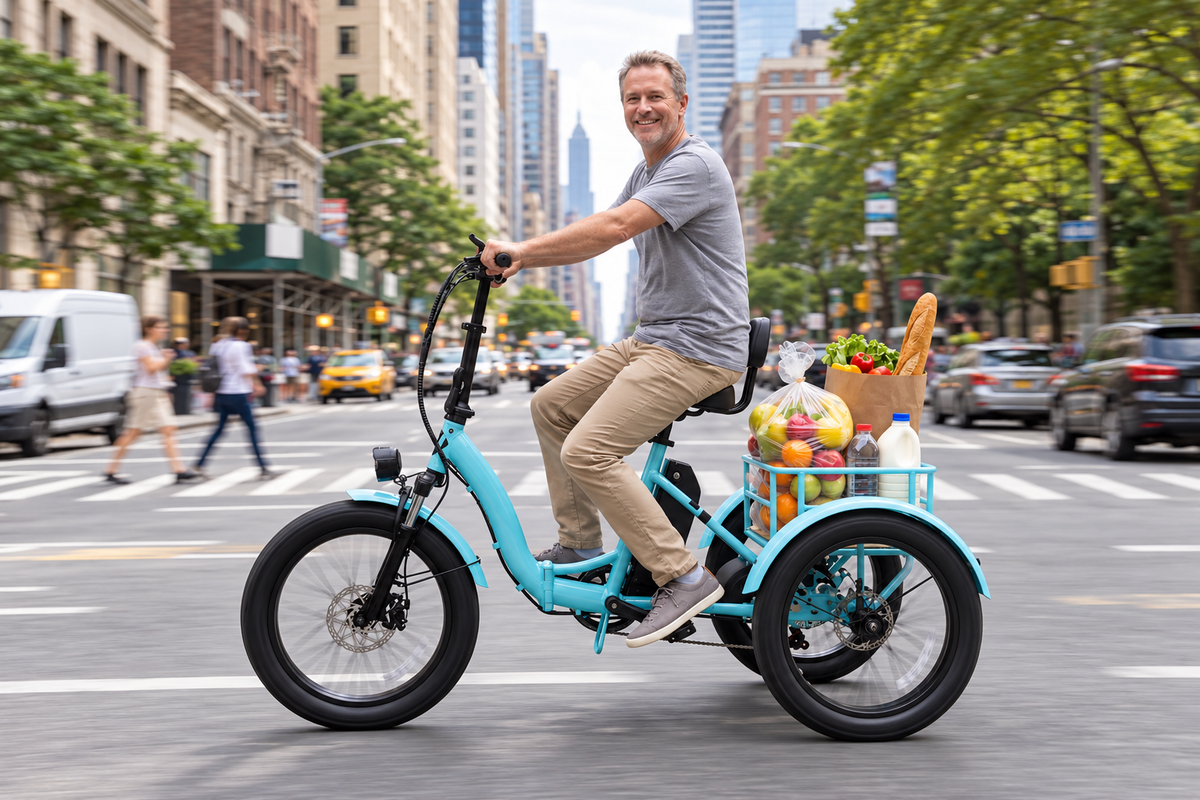 Man riding a Hoverfly ET1 folding electric trike with groceries on a busy urban street.