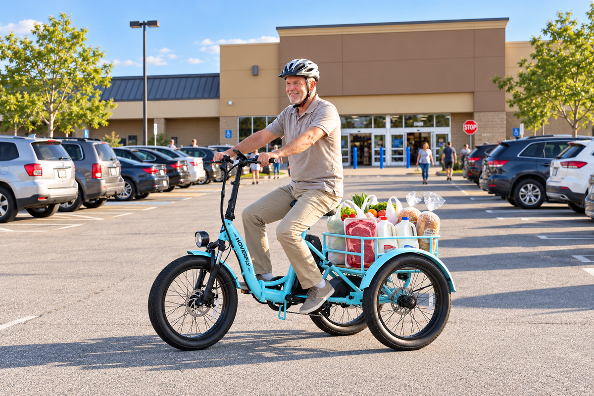 Older man rides a blue Hoverfly ET1 folding electric trike outside a store with groceries behind.