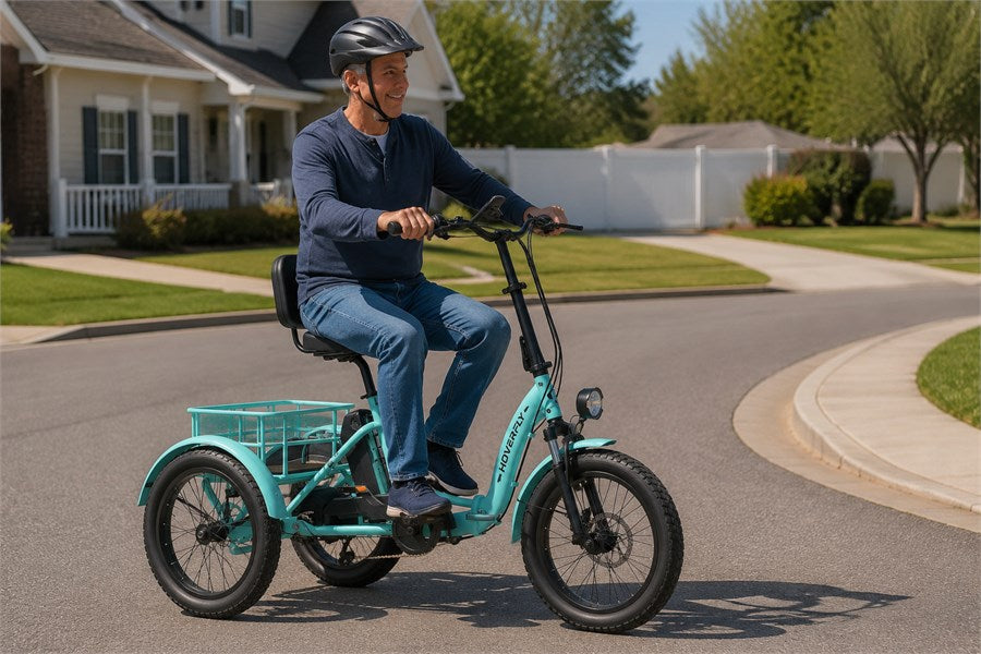 Hoverfly ET1 3 wheel ebike making a slow stable turn on a suburban street