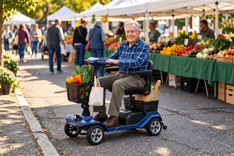 Older adult riding a blue Hoverfly T4 New Edition mobility scooter with groceries at an outdoor farmers’ market