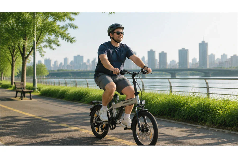 Beginner riding a Hoverfly e-bike outdoors to reduce belly fat