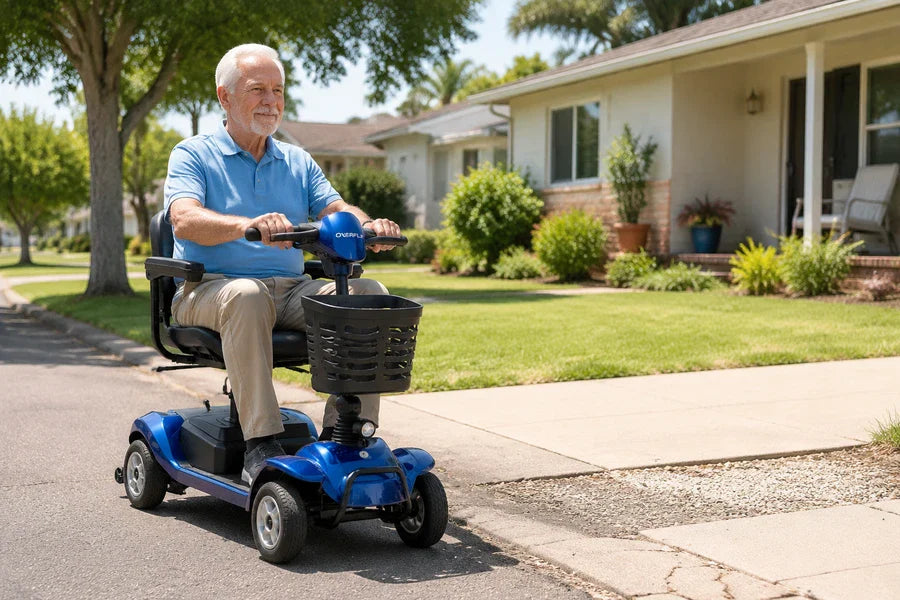 Senior woman riding a red Hoverfly four-wheel mobility scooter on a neighborhood sidewalk beside gravel and grass
