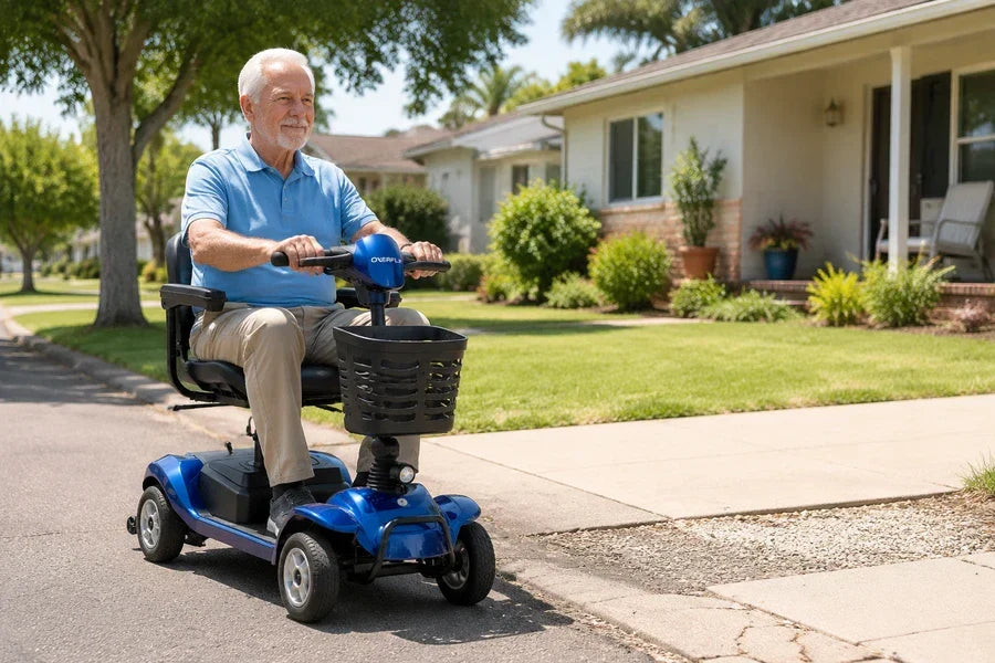 Senior woman riding a red Hoverfly four-wheel mobility scooter on a neighborhood sidewalk beside gravel and grass