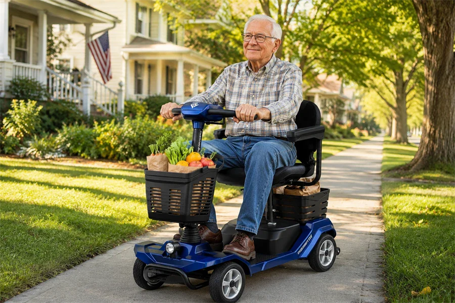 Senior riding the Hoverfly T4 New 4-wheel electric mobility scooter outdoors