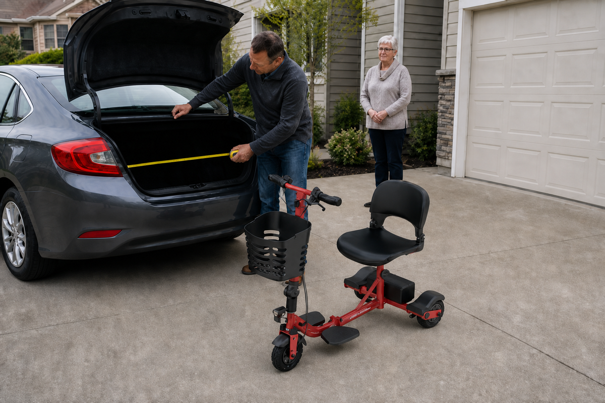 Hoverfly T3 beside an open car trunk for mobility scooter transport planning