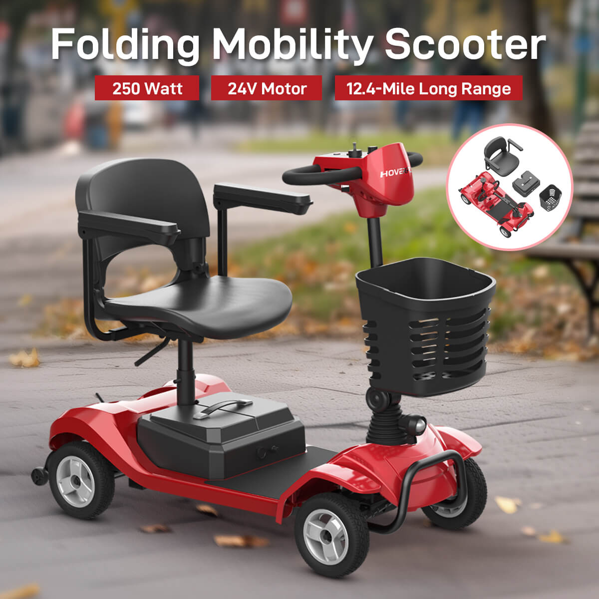 Red folding mobility scooter with features highlighted on a blurred outdoor background