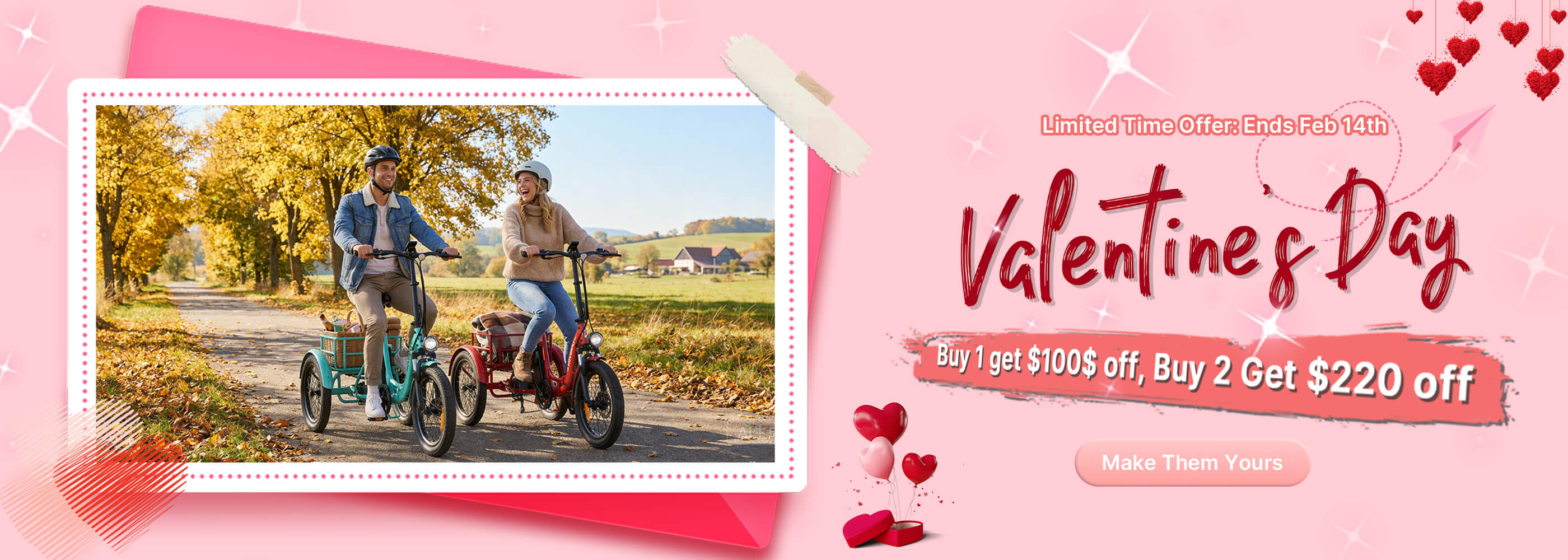 Valentine’s Day e-trike sale: Buy 1 $100 off, Buy 2 $220 off.