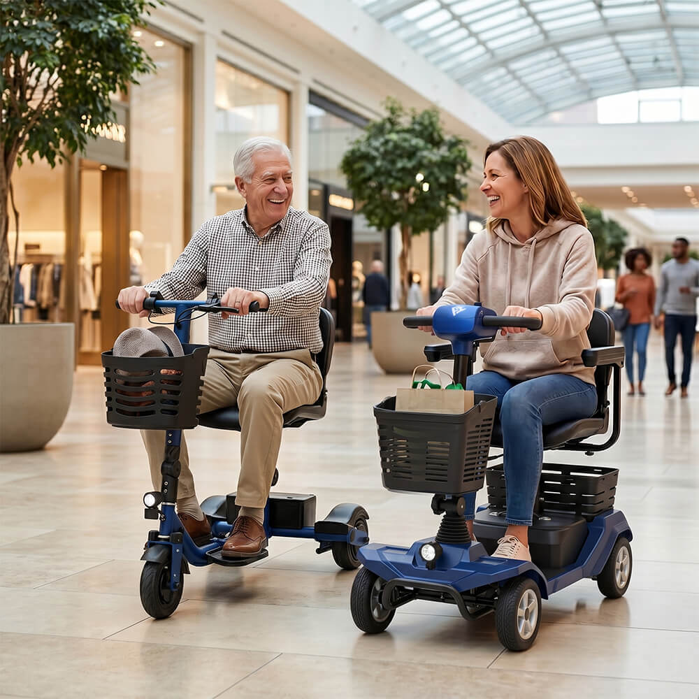 Senior rider on a Hoverfly mobility scooter on a neighborhood path in summer
