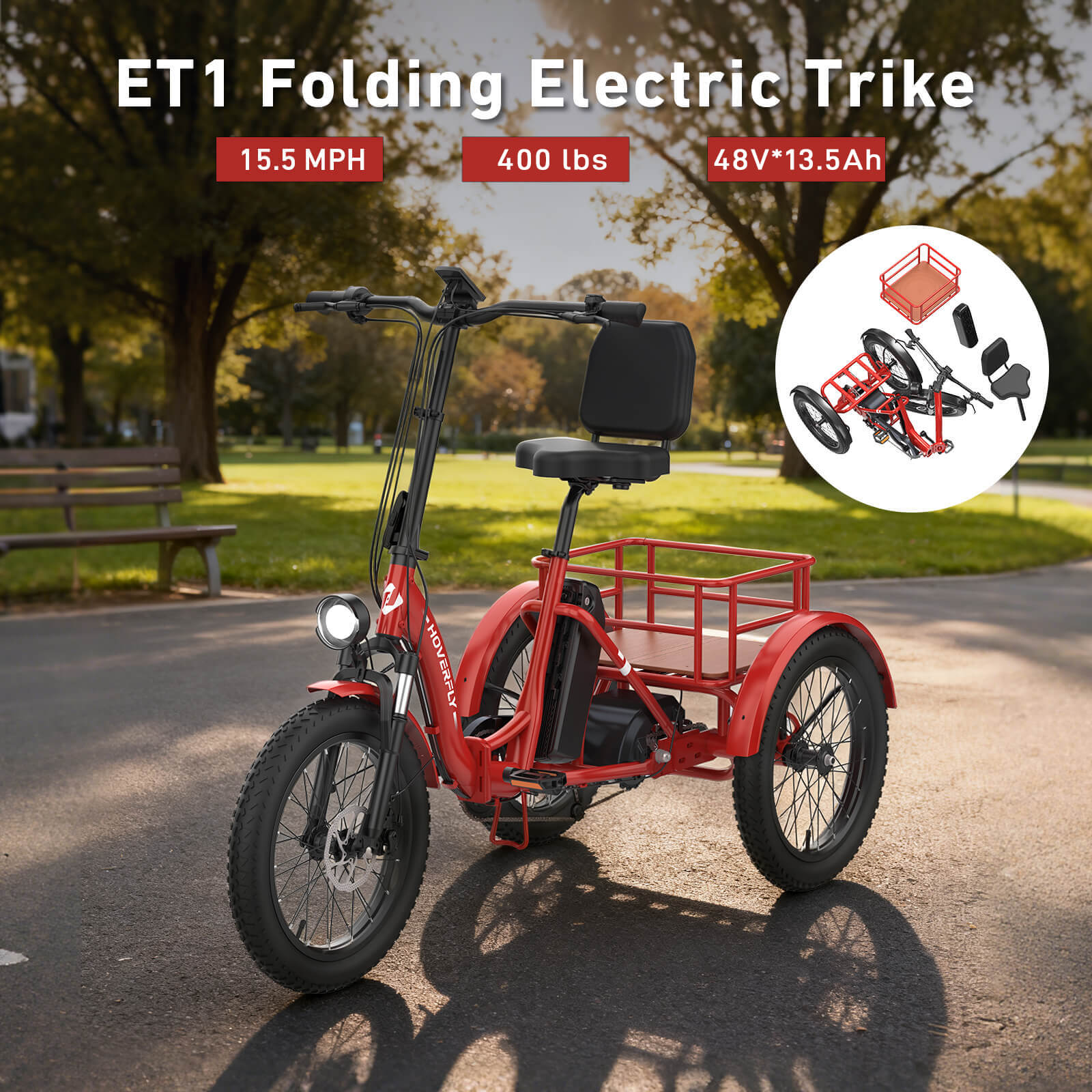Hoverfly® ET1 Folding Electric Trike 15.5mph | 61 Miles Max Range(🌊Summer Sale)