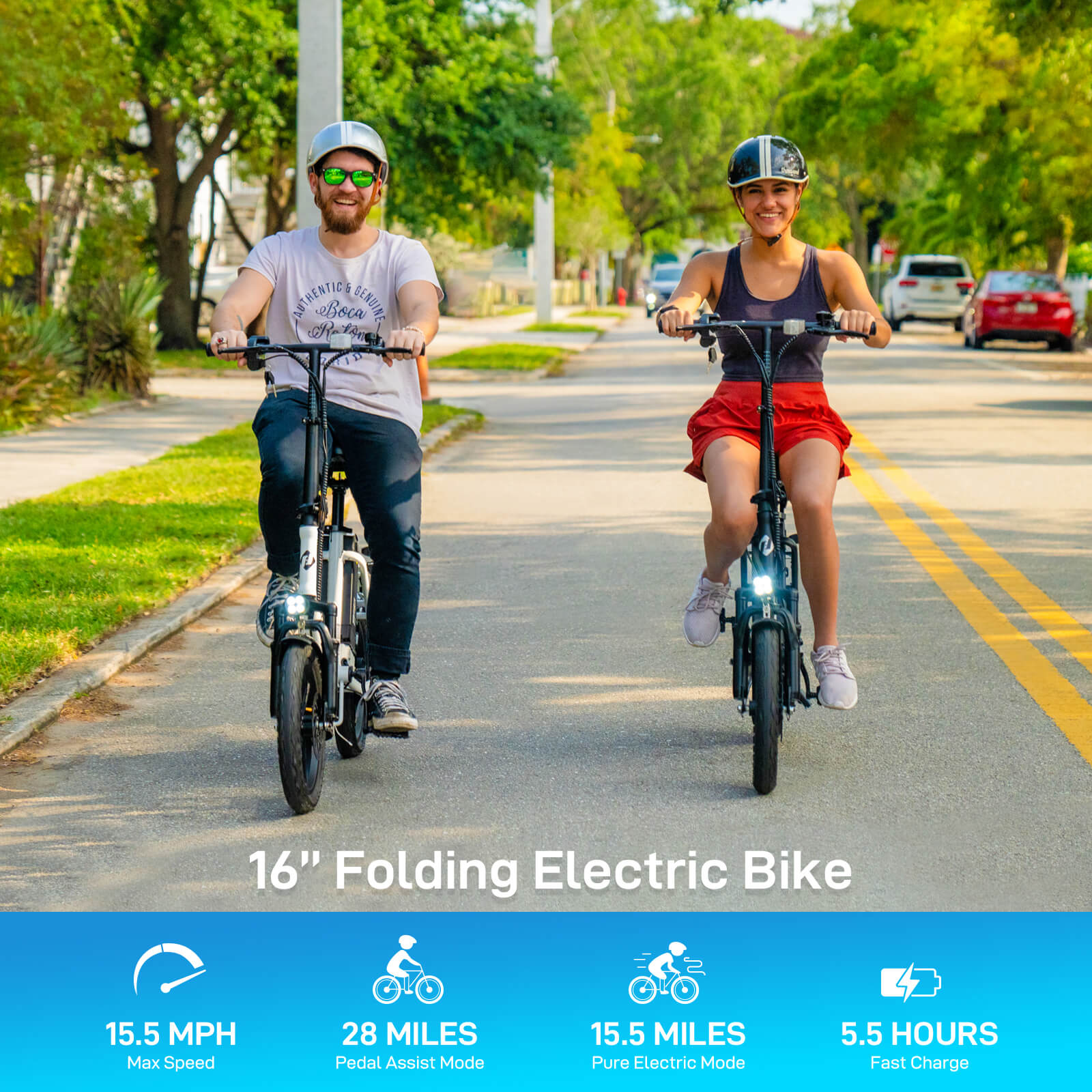 Two people riding hoverfly nephele electric bikes on a road with greenery and cars in the background.