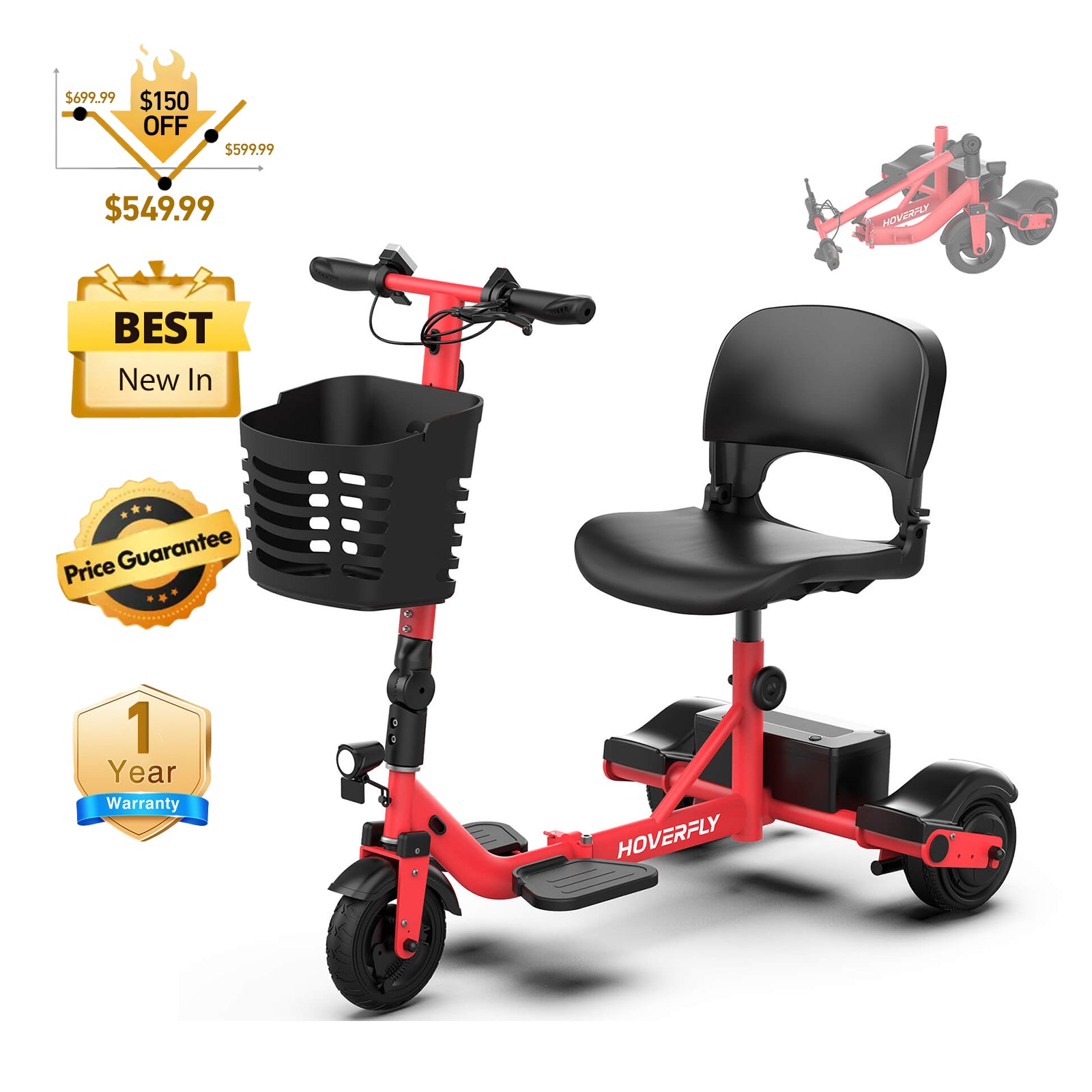 Hoverfly T3 3-wheel Foldable Mobility Scooter for Adults (🔥Limited Time Discount)