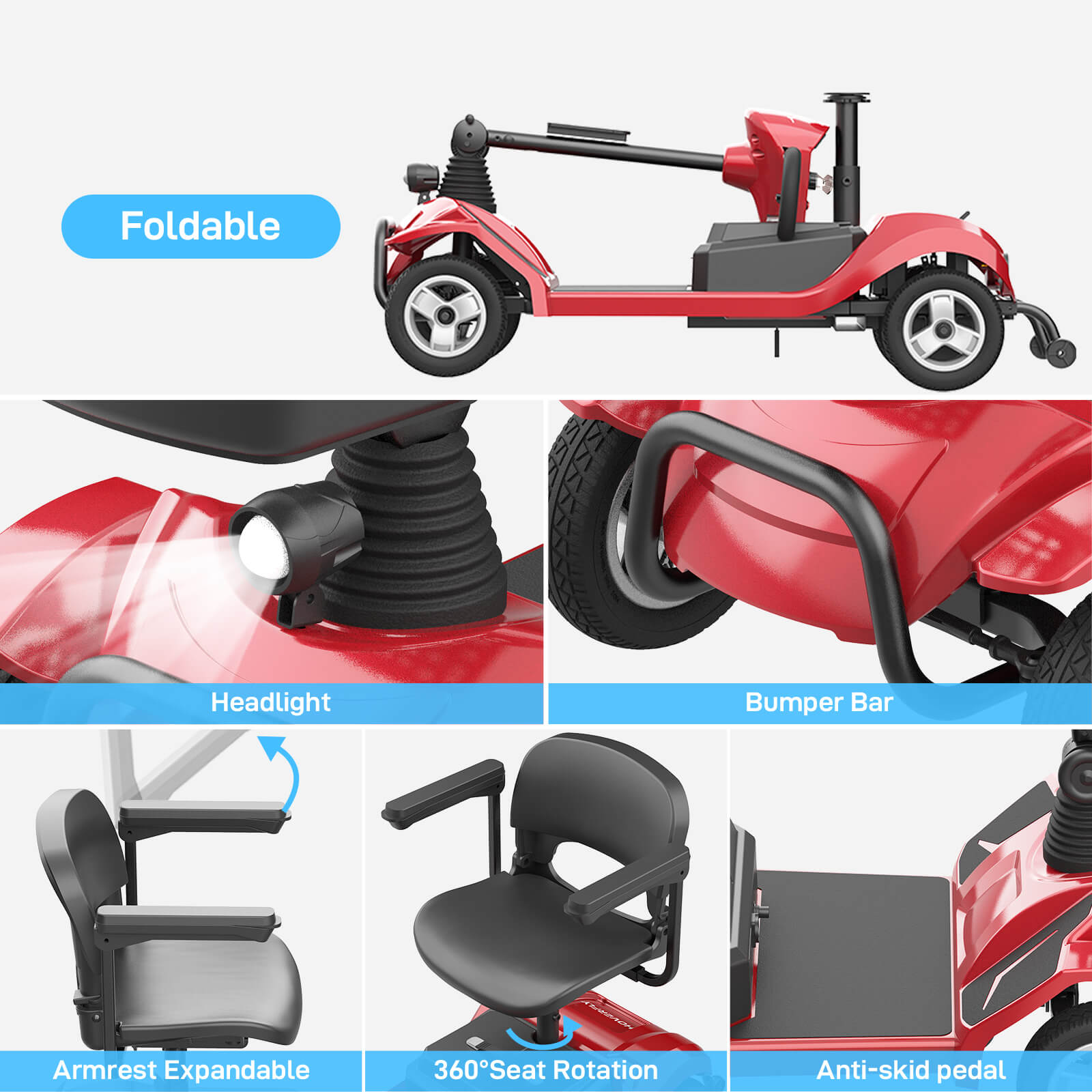 Red scooter with features highlighted on a white background