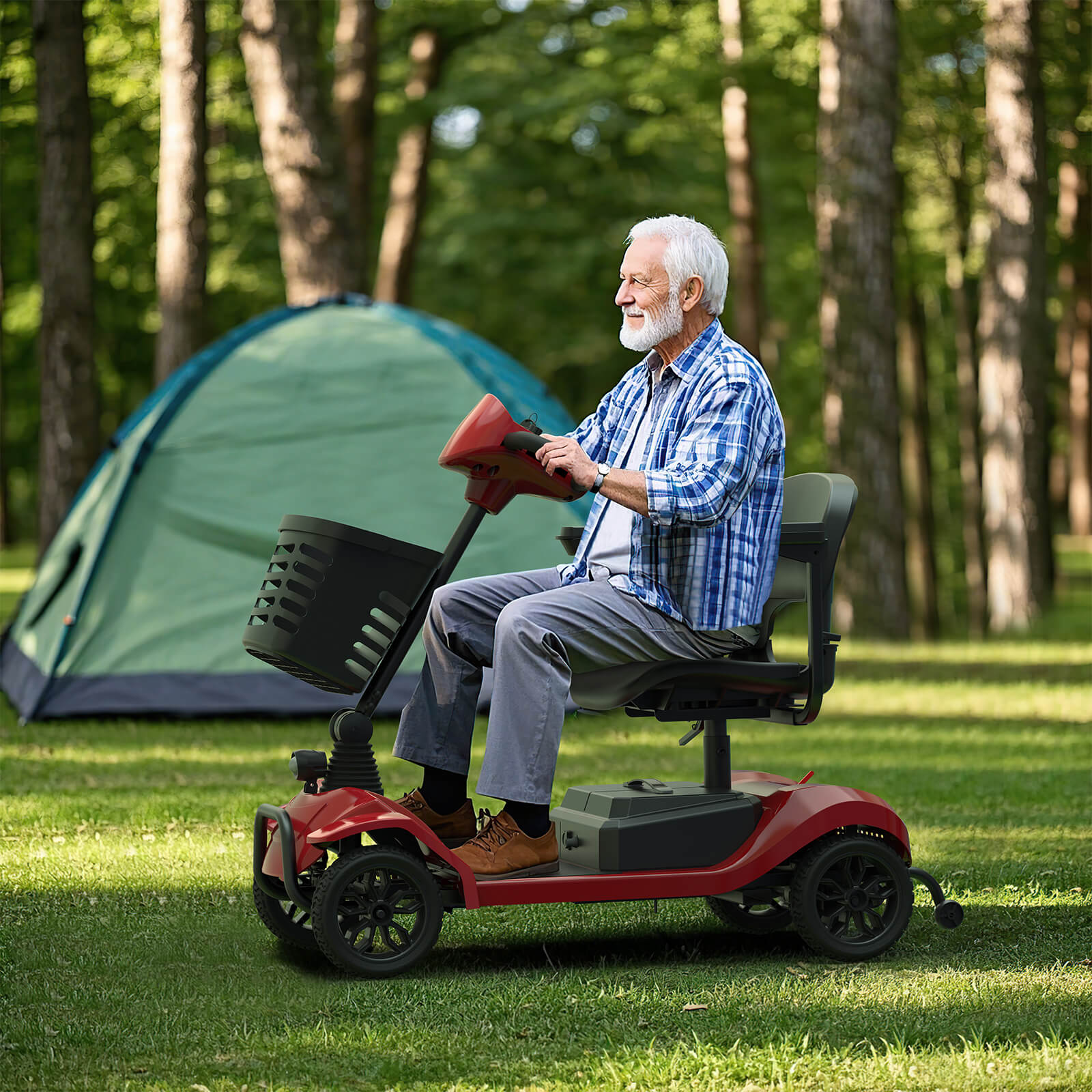 Man riding a mobility scooter in a park with a tent in the background