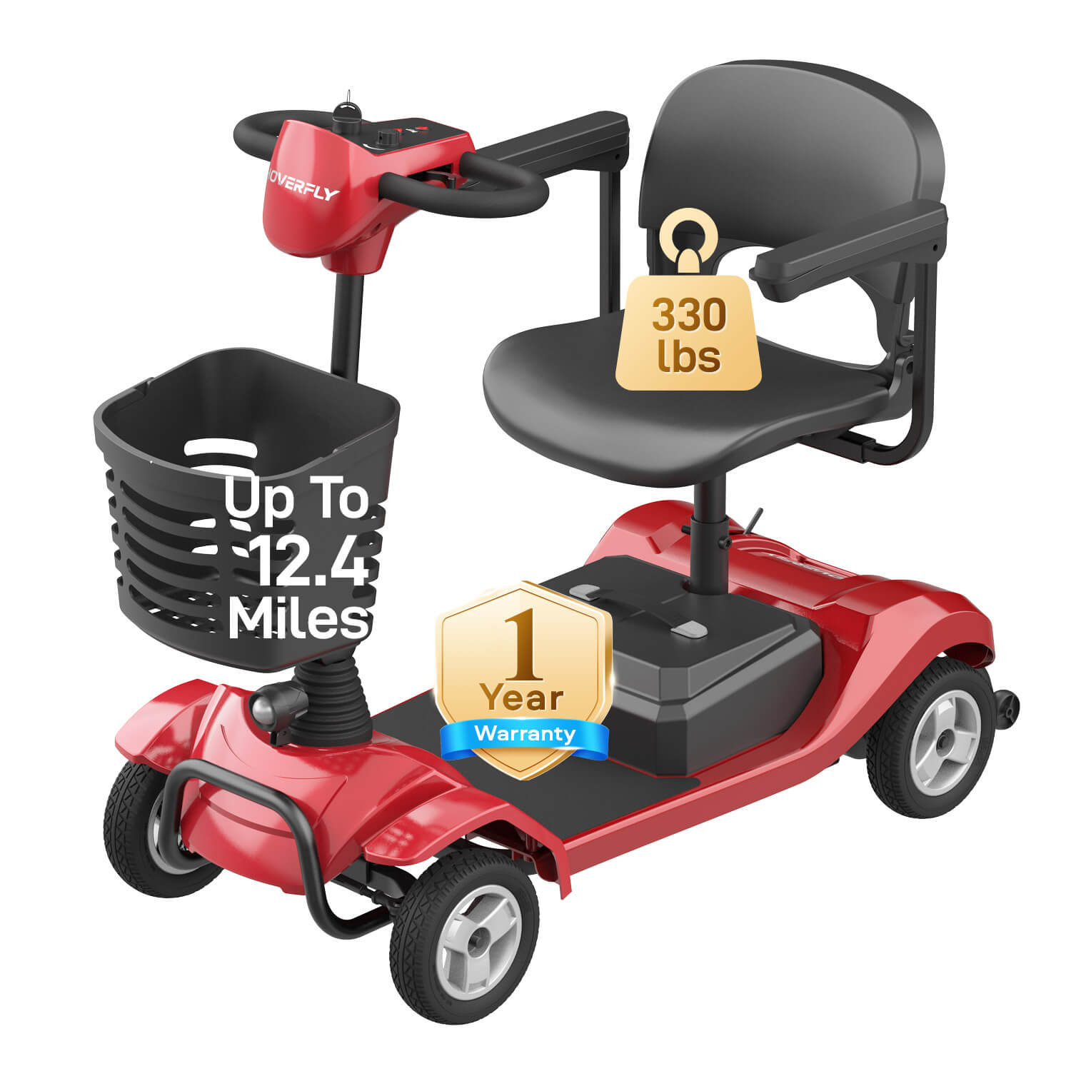 Red Hoverfly mobility scooter with 330lbs weight capacity, up to 12.4miles long range for daily use.